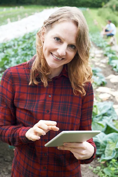 F에 디지털 태블릿을 사용 하 여 여성 농업 노동자의 초상화 — 스톡 사진
