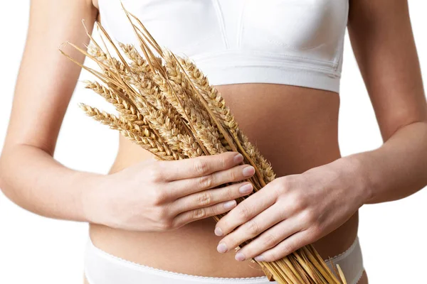 Close Up Of Woman Wearing Underwear Holding Bundle Of Wheat — Stock Photo, Image