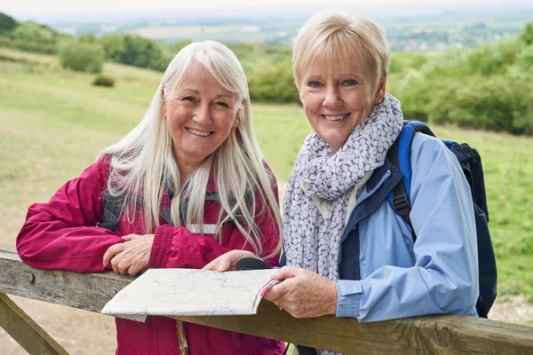 Portrait Two Retired Senior Friends Walking Holiday Resting Gate Looking Stock Image