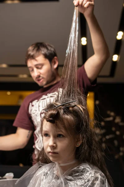 Hairdresser at home dyes the hair of a young girl. The hairdresser dyes female hair. Barbershop. Staining