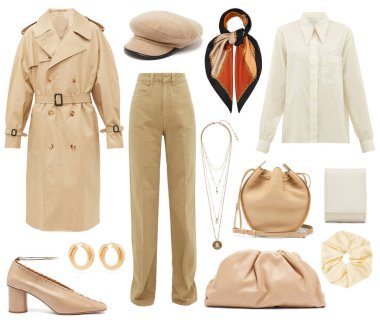 Kıyafet kolajı. Kolaj, modaya uygun kıyafetlerden oluşuyor ve son moda akımlarına göre yapıldı..