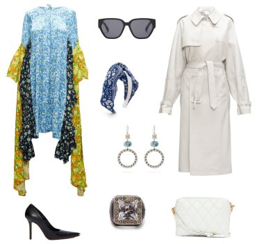 Beyaz arka planda şık kıyafetler. Giysilerin, aksesuarların, ayakkabıların ve çantaların birleştirilmiş görüntüsü.