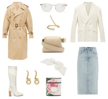 Beyaz bir arka planda modaya uygun kıyafet ve aksesuarlar kolajı.