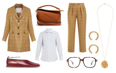 Kadınlar için şık kıyafetler, ayakkabılar ve aksesuarlar kolajı