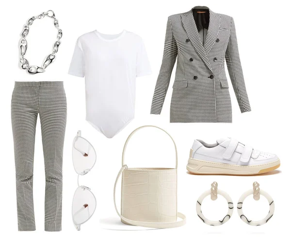 Eine Collage Modischer Kleidung Und Accessoires Auf Weißem Hintergrund — Stockfoto