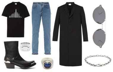 Beyaz arka planda şık kıyafetler. Giysilerin, aksesuarların, ayakkabıların ve çantaların birleştirilmiş görüntüsü.