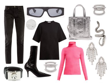 Beyaz bir arka planda modaya uygun kıyafet ve aksesuarlar kolajı.