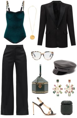 Kadınlar için şık kıyafetler, ayakkabılar ve aksesuarlar kolajı