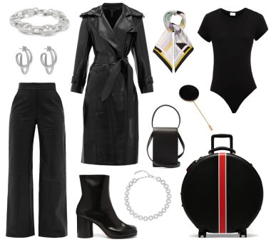 Beyaz bir arka planda modaya uygun kıyafet ve aksesuarlar kolajı.