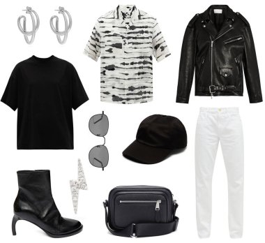 Beyaz bir arka planda modaya uygun kıyafet ve aksesuarlar kolajı.