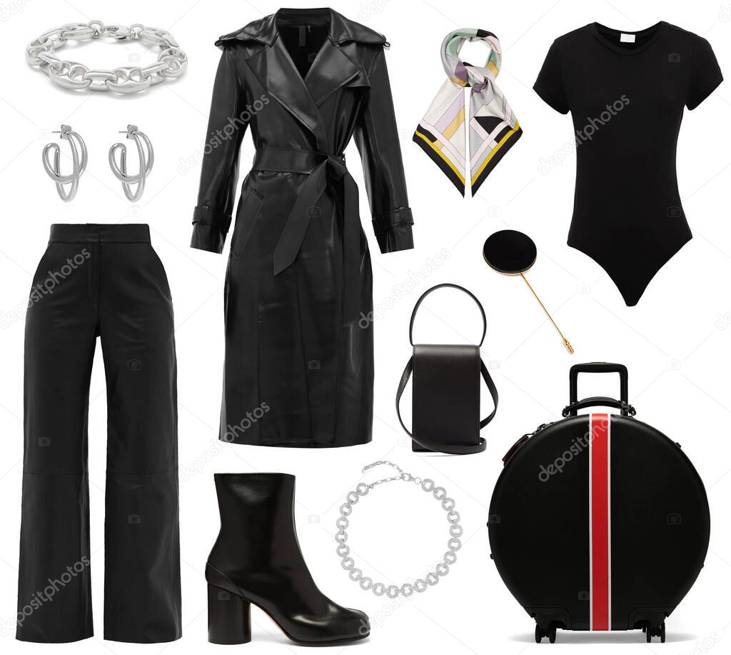 A collage of fashionable clothes and accessories on a white background