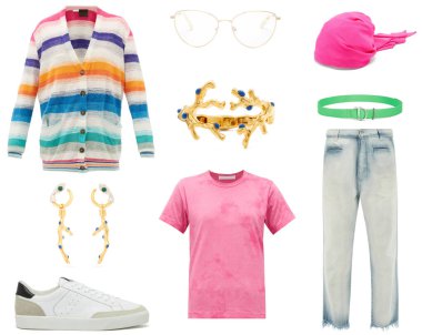 Kadınlar için şık kıyafetler, ayakkabılar ve aksesuarlar kolajı