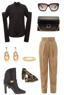 Beyaz bir arka planda modaya uygun kıyafet ve aksesuarlar kolajı.