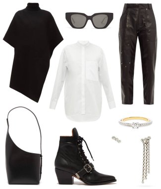 Beyaz arka planda kadın kıyafetleri kolajı