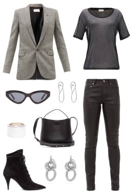 Beyaz arka planda kadın kıyafetleri kolajı