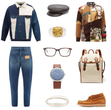 Beyaz arka planda şık kıyafetler. Giysilerin, aksesuarların, ayakkabıların ve çantaların birleştirilmiş görüntüsü.