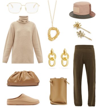 Kıyafet kolajı. Kolaj, modaya uygun kıyafetlerden oluşuyor ve son moda akımlarına göre yapıldı..