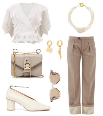 Beyaz arka planda kadın kıyafetleri kolajı