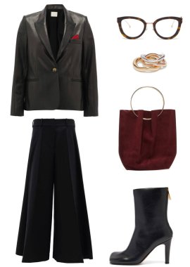 Beyaz bir arka planda modaya uygun kıyafet ve aksesuarlar kolajı.