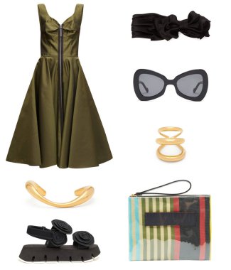 Beyaz arka planda kadın kıyafetleri kolajı