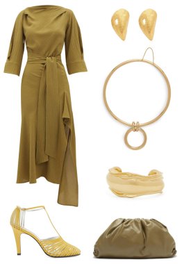 Beyaz arka planda kadın kıyafetleri kolajı