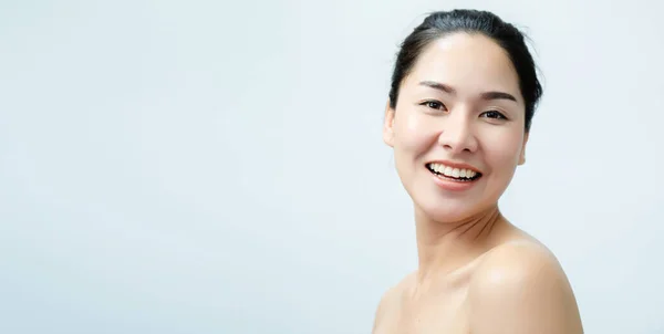 Portrait Nude Young Asian Woman Close Beautiful Faces Feel Happy — Stock Photo, Image