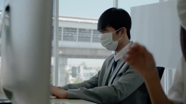 Asian Businessmen Men Women Wear Protective Masks Sit Work Modern — Stock Video