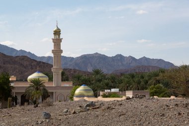 El Mamora Camii, kıraç Wadi Hawqayn 'da birkaç palmiyeyle çevrilidir.