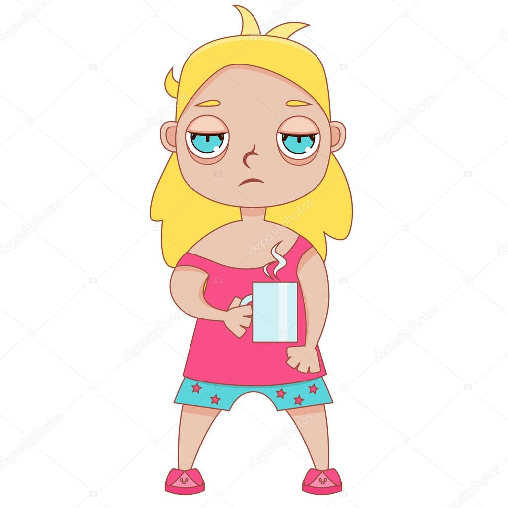 Sleepy woman in pajamas cute cartoon character isolated on white background. Vector illustration
