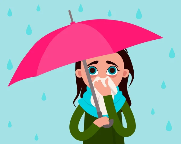 Mujer con gripe bajo la lluvia — Archivo Imágenes Vectoriales