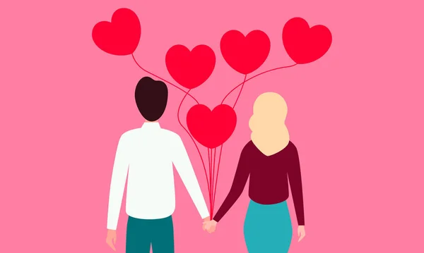 O par jovem no amor mantém balões de coração no fundo rosa. Ilustração vetorial — Vetor de Stock