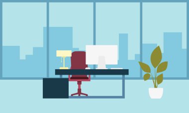 Gökdelende modern bir ofis. Masası ve bilgisayarı olan bir oda. Vektör illüstrasyonu
