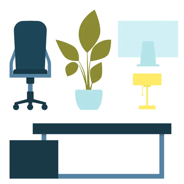 Conjunto de mobiliário de escritório moderno. Mesa, cadeira e computador. Ilustração vetorial — Vetor de Stock