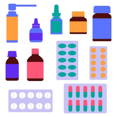 Beyaz arka planda izole edilmiş ilaç ve ilaç seti. Vektör illüstrasyonu