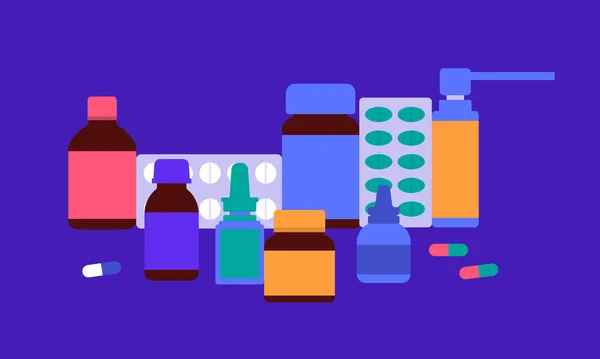 Ιατρικά μπουκάλια και χάπια σε λιλά φόντο. Αφίσα φαρμακείου. Εικονογράφηση διανύσματος — Διανυσματικό Αρχείο