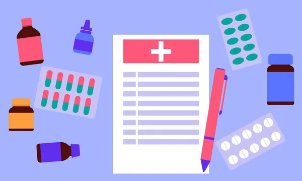 Medical prescription with pen. Bottles and pills on the table. Vector illustration — 스톡 벡터