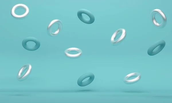 Fondo azul abstracto con anillos voladores plateados. renderizado 3d — Foto de Stock