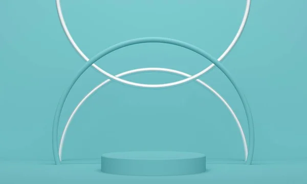 Fondo abstracto azul geométrico con un podio cilíndrico y un arco plateado. renderizado 3d —  Fotos de Stock