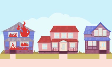 Şehir caddesinde bir evde yangın. Vektör illüstrasyonu