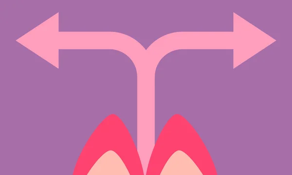 Patas femeninas en zapatos rosados sobre fondo lila con flechas. Concepto de elección. Ilustración vectorial — Vector de stock