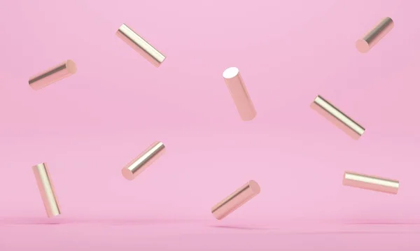 Różowe abstrakcyjne tło ze złotymi cylindrami latającymi. 3d renderowanie — Zdjęcie stockowe