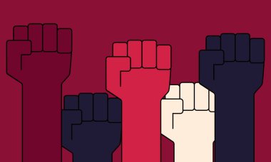 Yumrukları havada insanlar. Protesto konsepti. Vektör illüstrasyonu