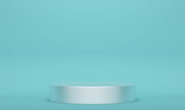 Silindirik gümüş bir podyumu olan mavi soyut bir zemin. 3d oluşturma