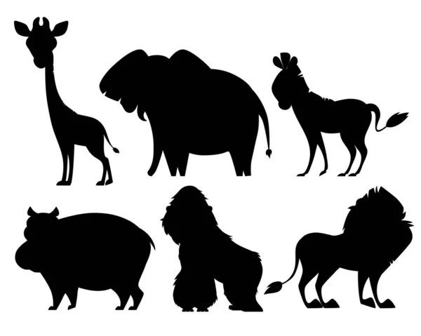Set von Silhouetten afrikanischer Tiere isoliert auf weißem Hintergrund. Vektorillustration — Stockvektor
