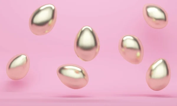 Розовый Абстрактный Фон Золотыми Летящими Яйцами Рендеринг — стоковое фото