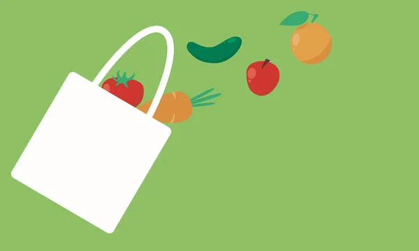 Eco Bag Vegetables Fruits Green Background Flat Design Vector Illustration — Stock Vector