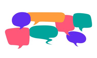 Beyaz arka planda renkli konuşma baloncukları. İletişim konsepti. Düz dizayn. Vektör illüstrasyonu