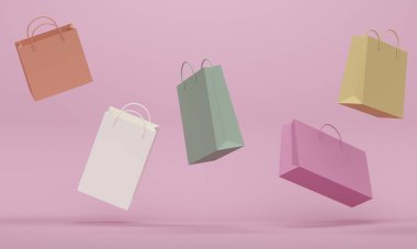 Renkli alışveriş paketleri var. Pembe soyut arka plan. 3d oluşturma
