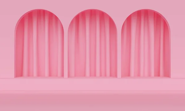 Fond abstrait rose avec une rangée de fenêtres et rideaux. Rendu 3d — Photo