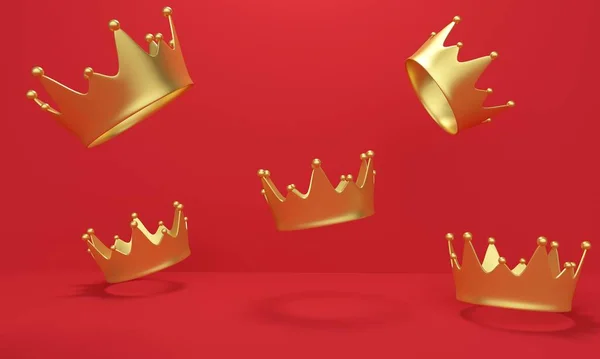Красный абстрактный фон с золотыми летающими коронами. 3d-рендеринг — стоковое фото